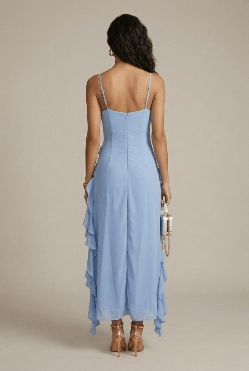 Women’s Asymmetric Ruffle Maxi Dress with Spaghetti Straps – Wedding Guest Dress