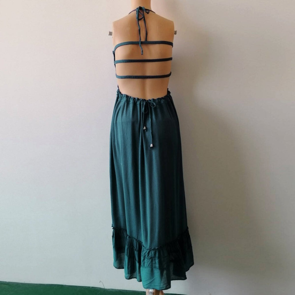 Women's Backless Bohemian Maxi Dress – Flowy Summer Silhouette with Open Back