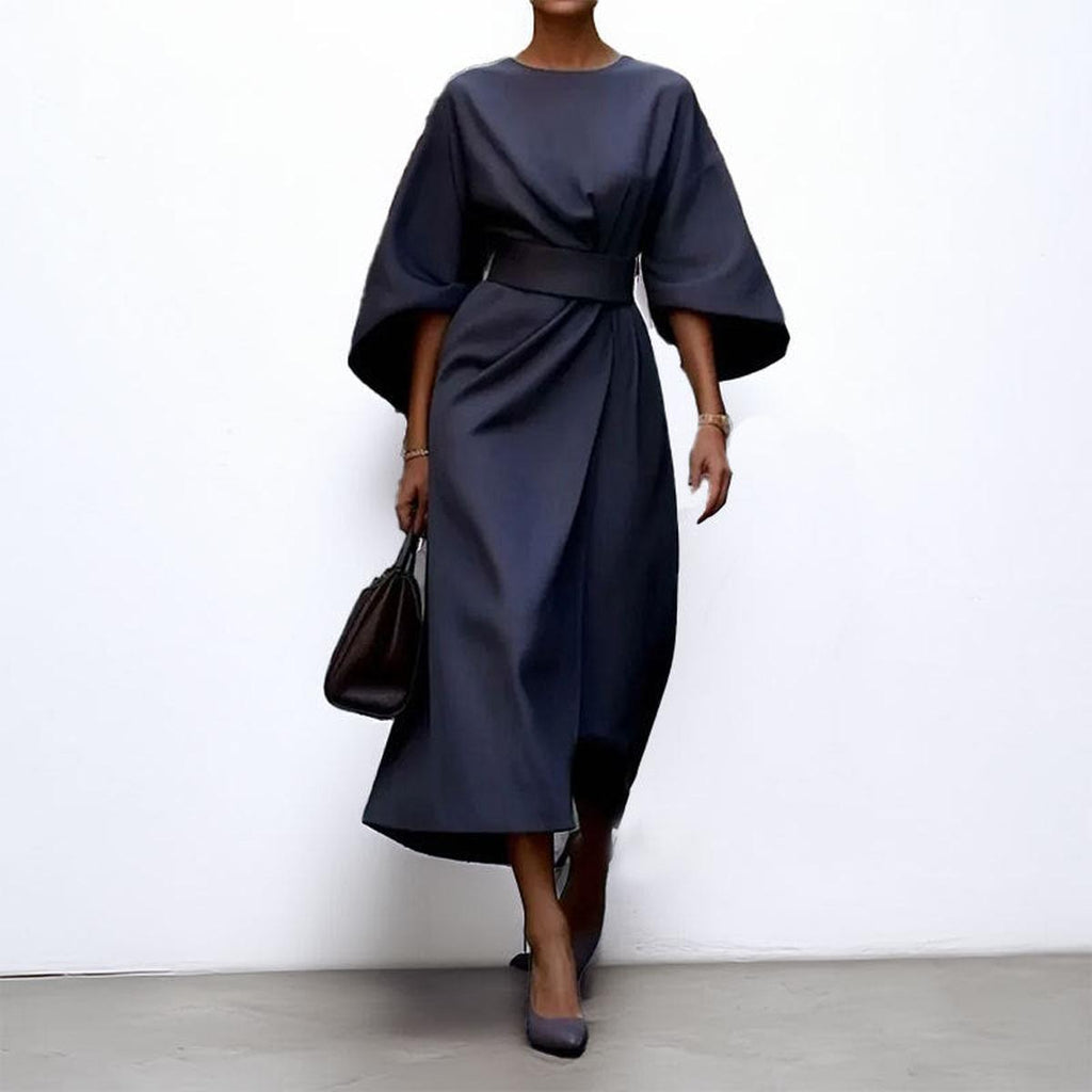 Women’s Batwing Sleeve Maxi Dress with Round Neck and Waist Belt