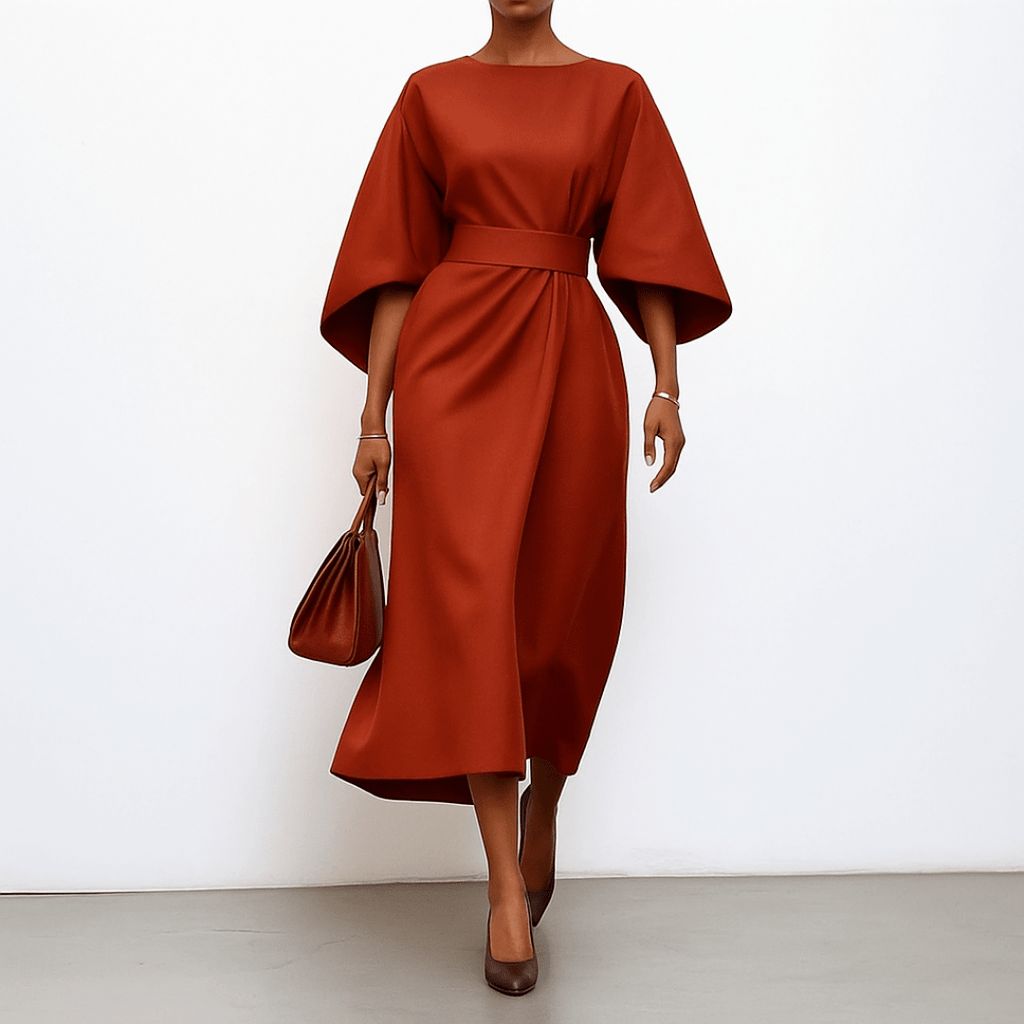 Women’s Batwing Sleeve Maxi Dress with Round Neck and Waist Belt