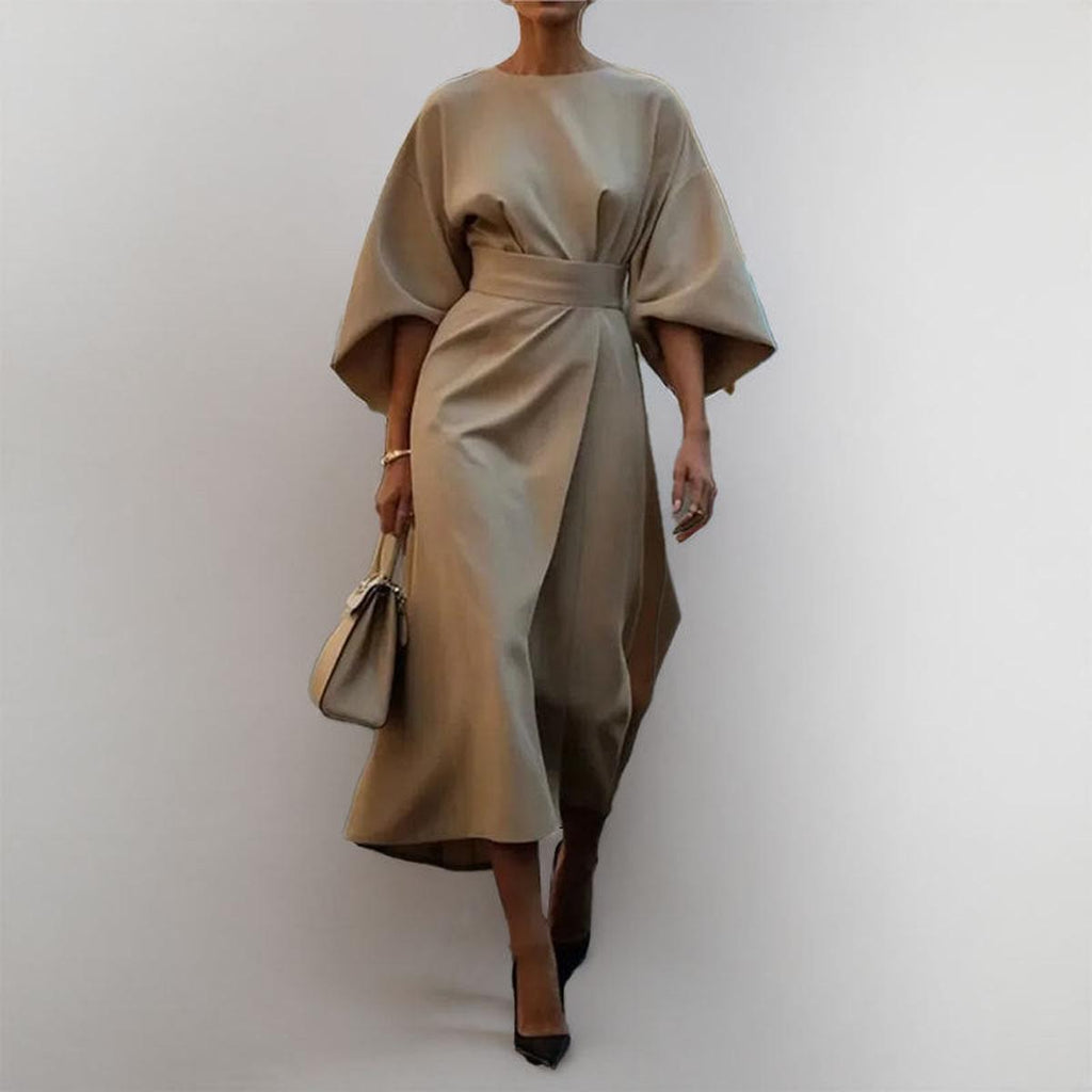 Women’s Batwing Sleeve Maxi Dress with Round Neck and Waist Belt