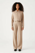 Women’s Beige Two - Piece Set – Cropped Zip - Up Jacket and Wide - Leg Pants