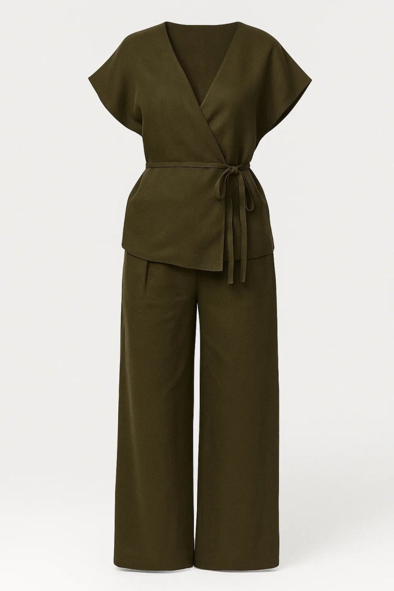 Women’s Belted Two - Piece Set – Wrap Top and Wide - Leg Pants