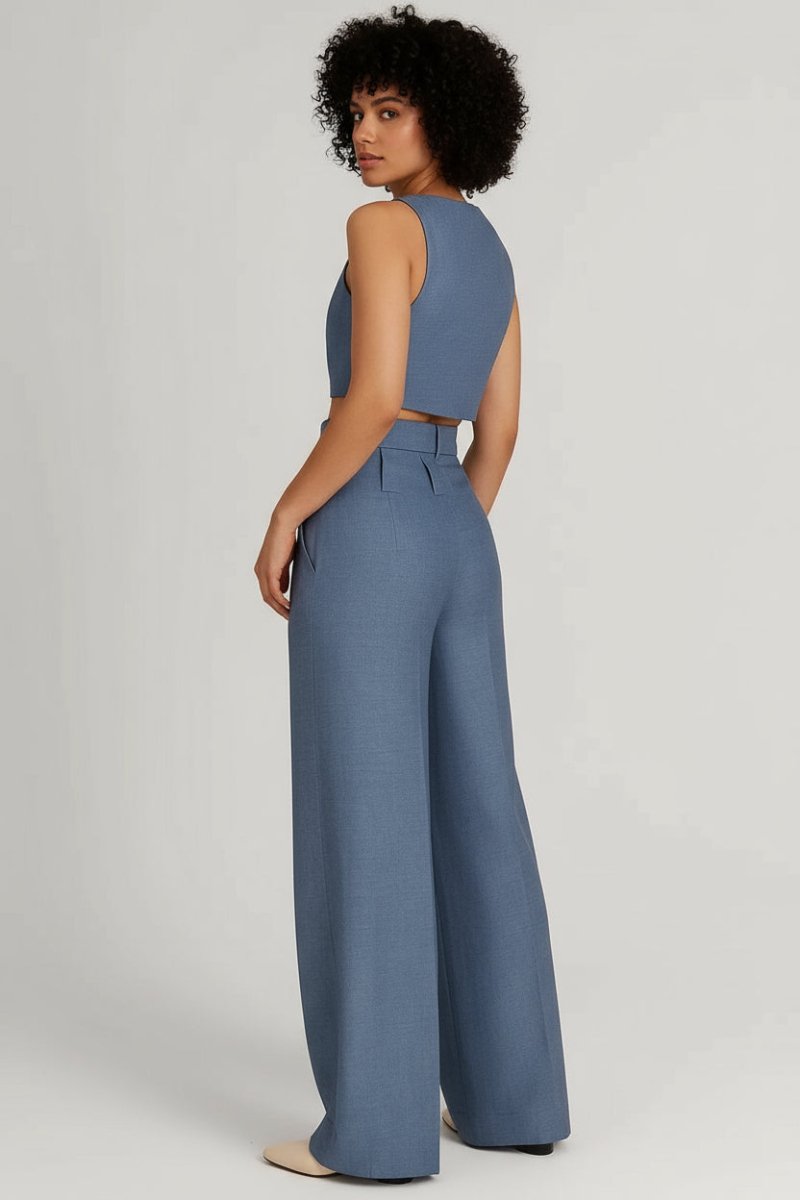 Women’s Blue Two - Piece Set – Sleeveless Wrap Top and High - Waisted D - Ring Pants
