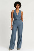 Women’s Blue Two - Piece Set – Sleeveless Wrap Top and High - Waisted D - Ring Pants