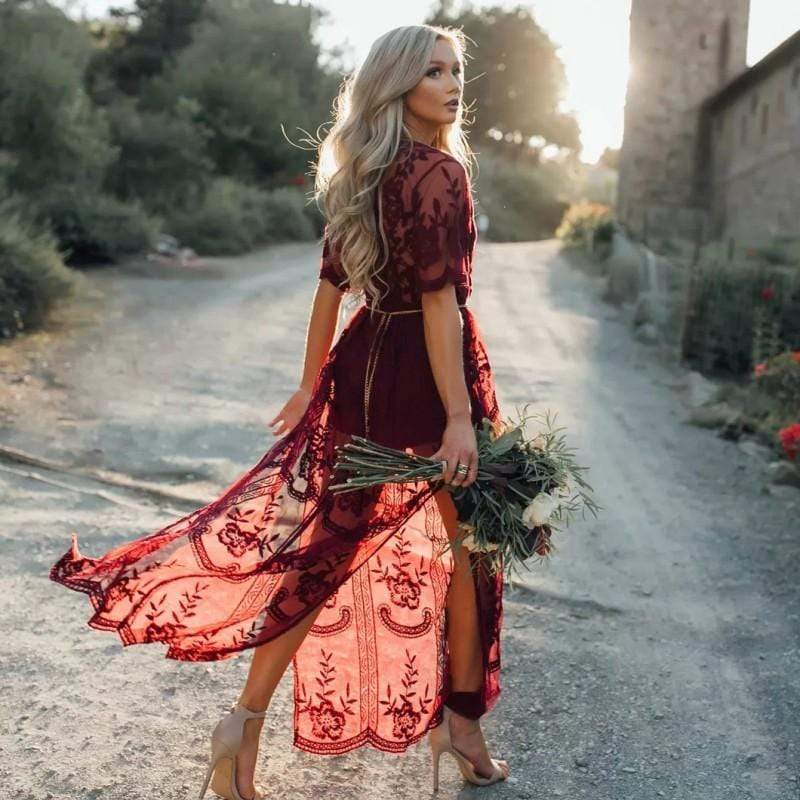 Women’s Boho Lace Maxi Dress – Romantic Sheer Overlay with Elegant Silhouette
