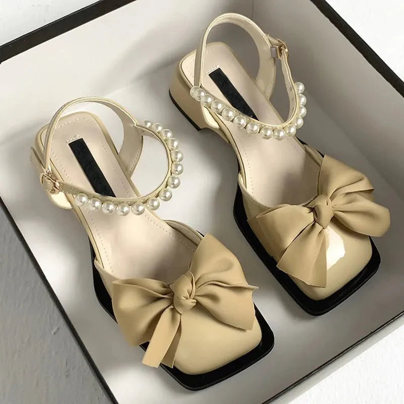 Women’s Bow Embellished Square Toe Slingback Sandals – Pearl Strap Detail