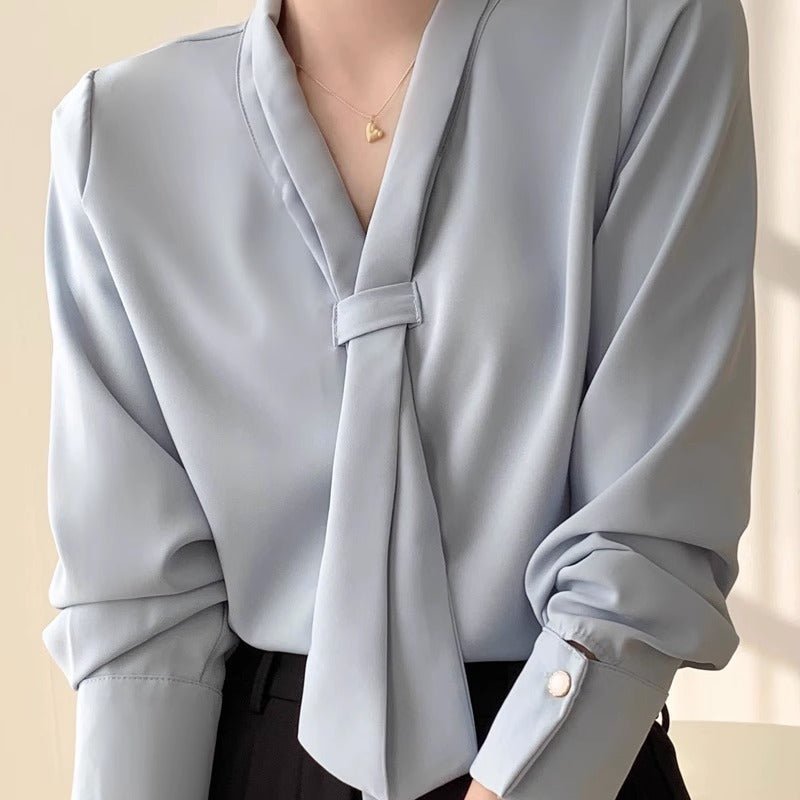 Women’s Bow - Tie V - Neck Long Sleeve Blouse