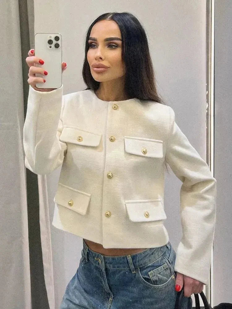 Women’s Cropped Textured Jacket with Button Front for Elegant Styling