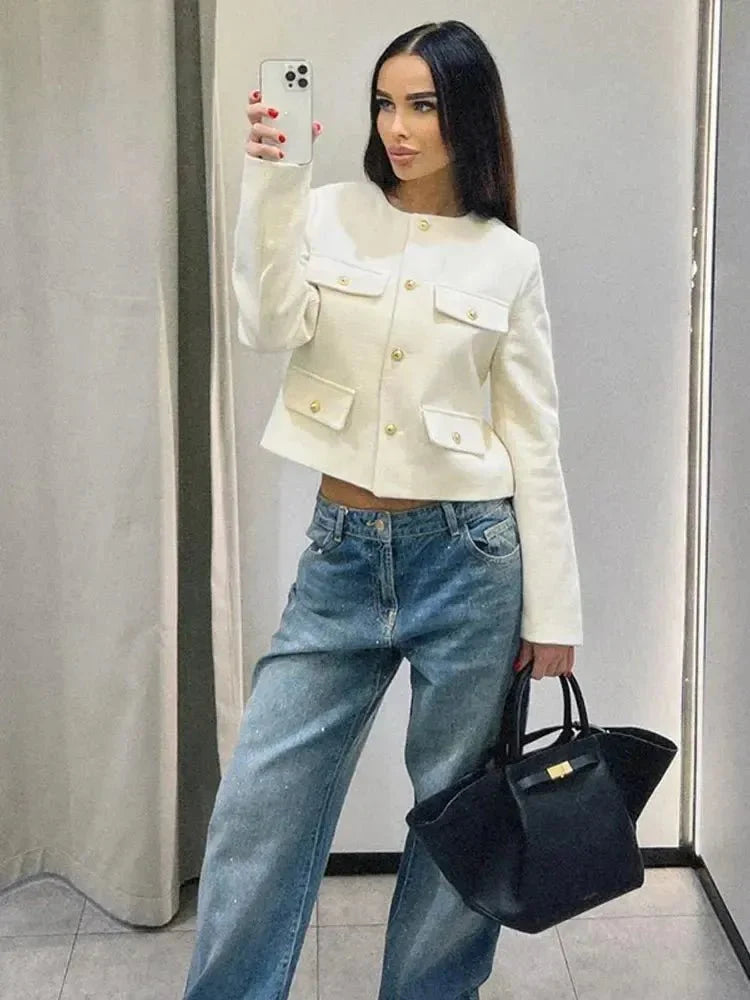 Women’s Cropped Textured Jacket with Button Front for Elegant Styling