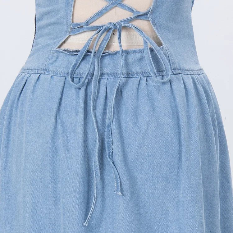 Women’s Denim Maxi Dress with Square Neck and Lace - Up Back
