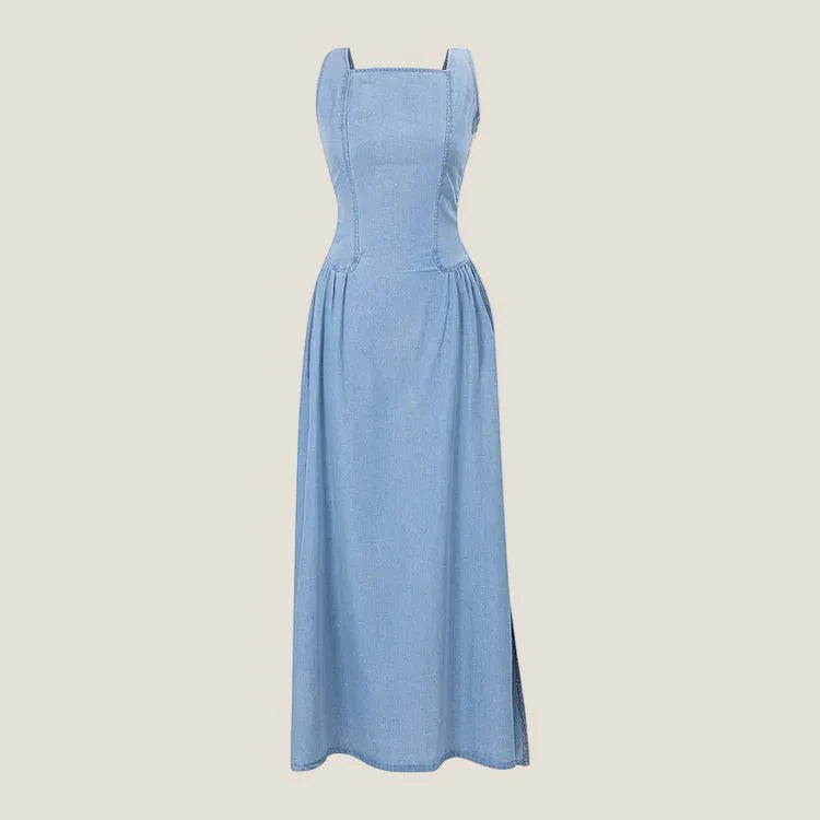 Women’s Denim Maxi Dress with Square Neck and Lace - Up Back