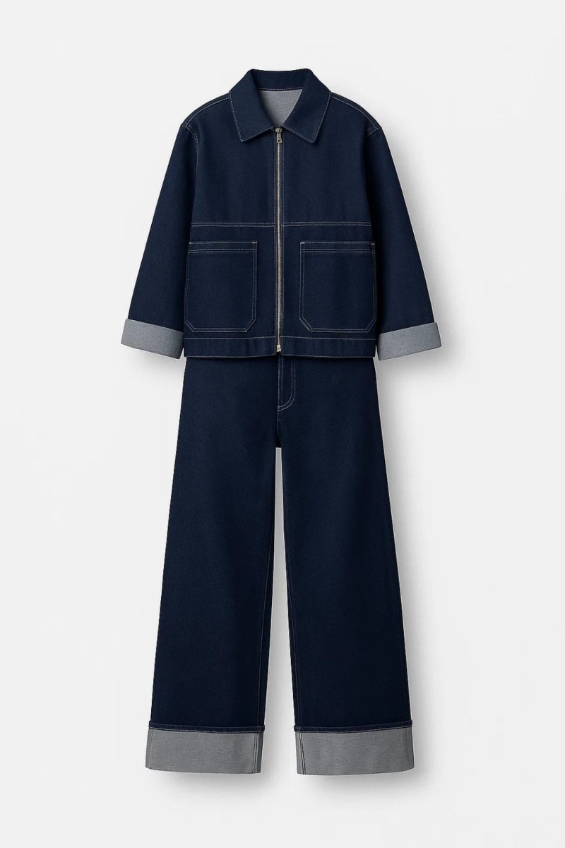 Women’s Denim Set – Zip - Up Boxy Jacket and Wide - Leg Cuffed Jeans