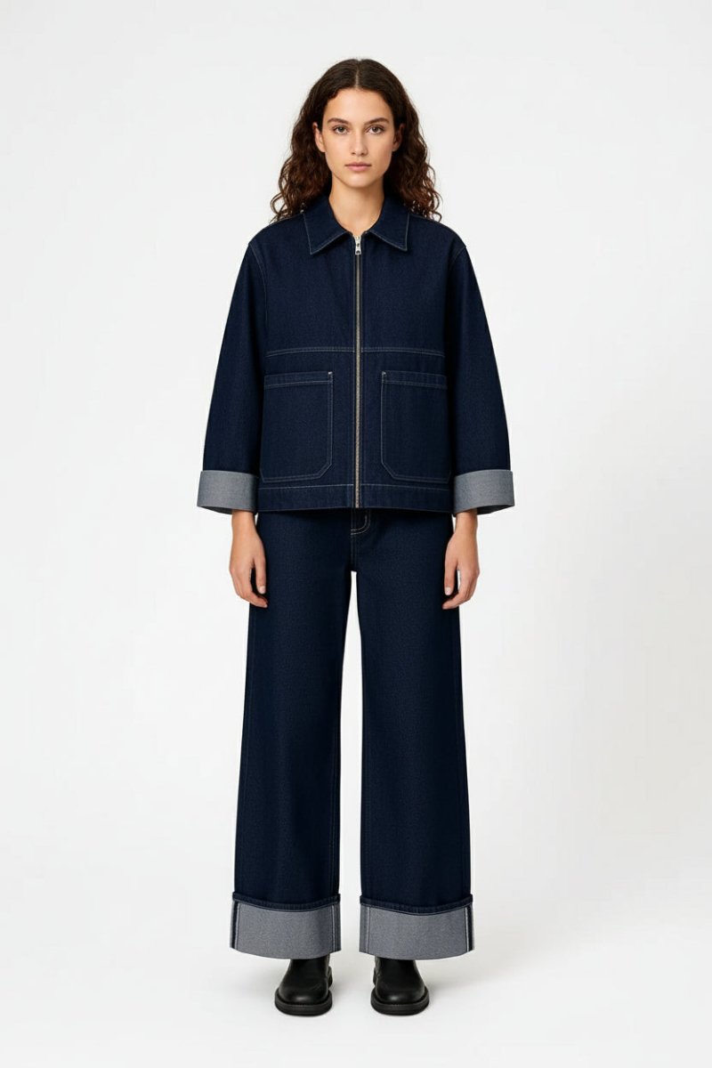 Women’s Denim Set – Zip - Up Boxy Jacket and Wide - Leg Cuffed Jeans