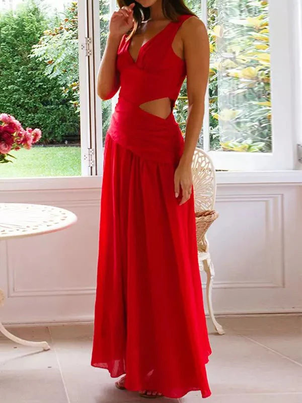 Women’s Drop Waist Maxi Dress with V - Neck and Side Cut - Out