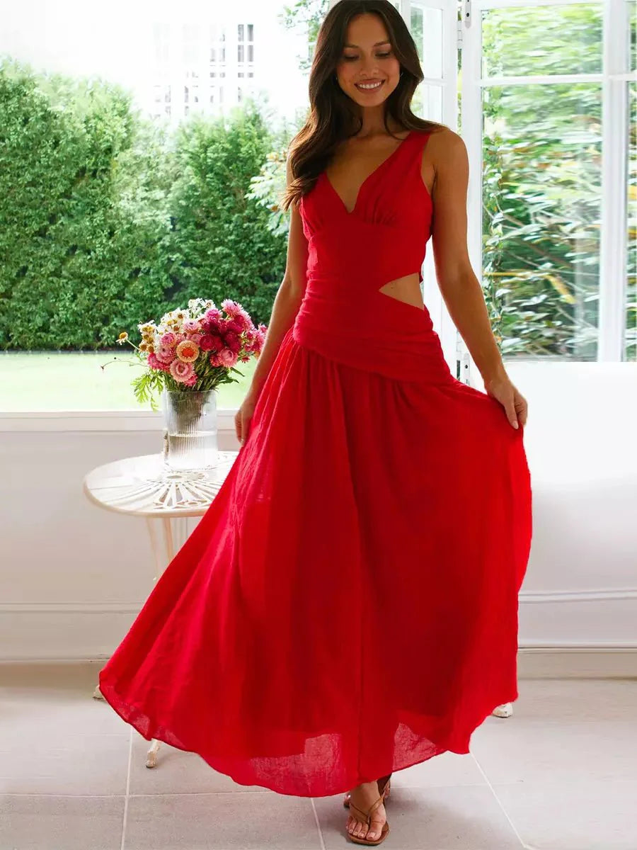 Women’s Drop Waist Maxi Dress with V - Neck and Side Cut - Out