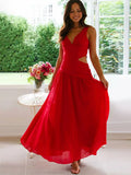 Women’s Drop Waist Maxi Dress with V - Neck and Side Cut - Out
