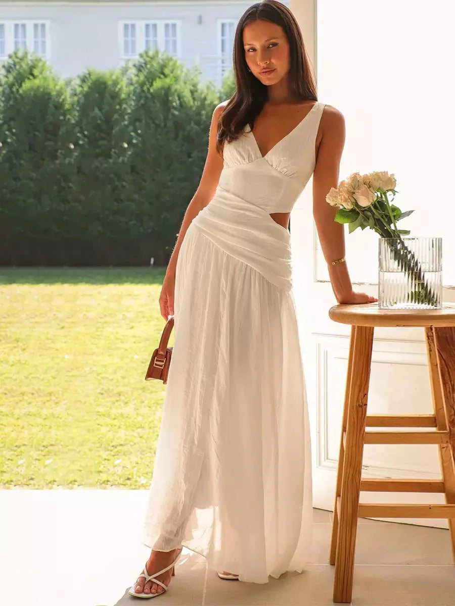 Women’s Drop Waist Maxi Dress with V - Neck and Side Cut - Out