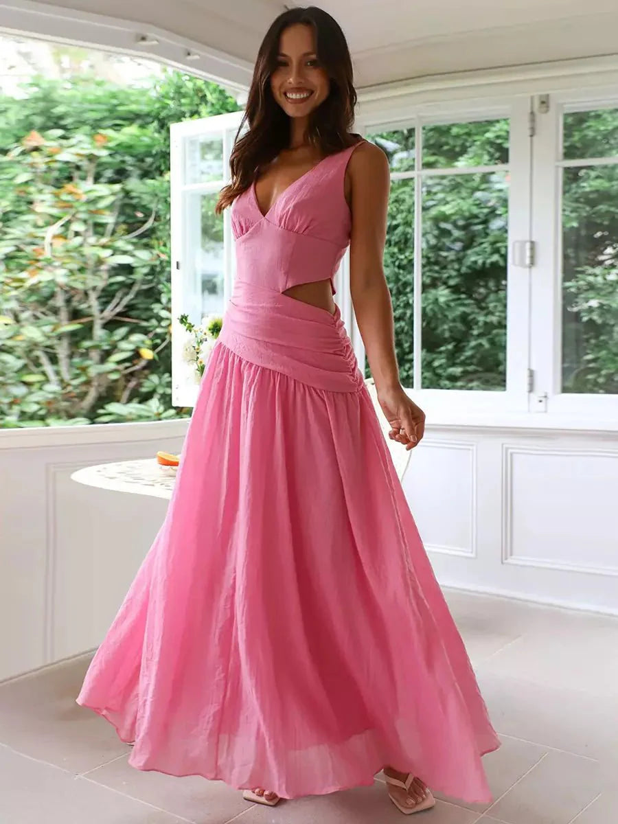 Women’s Drop Waist Maxi Dress with V - Neck and Side Cut - Out