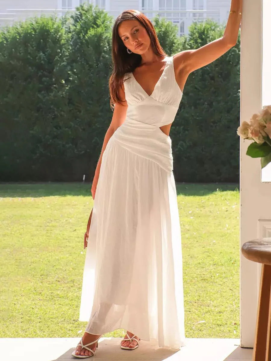 Women’s Drop Waist Maxi Dress with V - Neck and Side Cut - Out