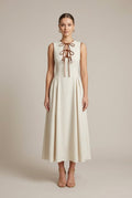 Women’s Drop Waist Midi Dress with Sleeveless Crew Neck and Bow Tie Detail