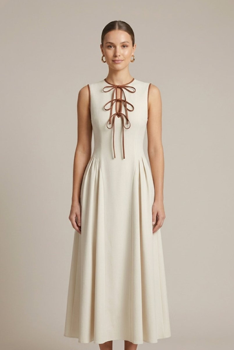 Women’s Drop Waist Midi Dress with Sleeveless Crew Neck and Bow Tie Detail