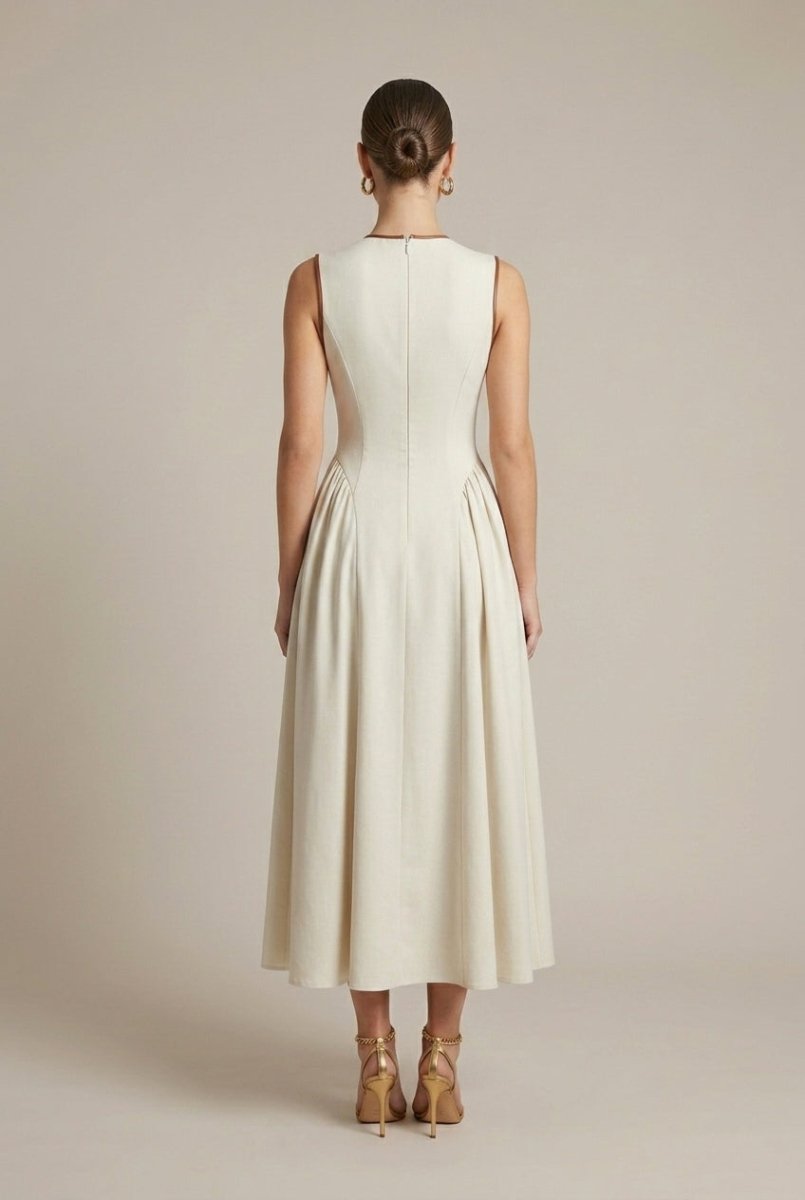 Women’s Drop Waist Midi Dress with Sleeveless Crew Neck and Bow Tie Detail