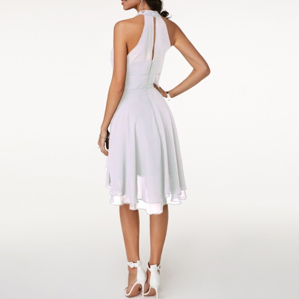 Women’s Elegant Ruffle Midi Dress – Halterneck Silhouette with Flowing Layers