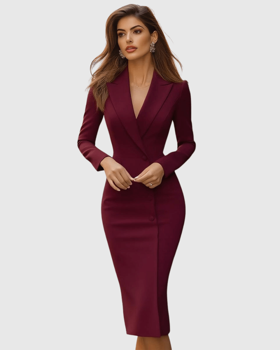 Women’s Elegant Tailored Midi Dress with Lapel Neckline for Refined Occasions