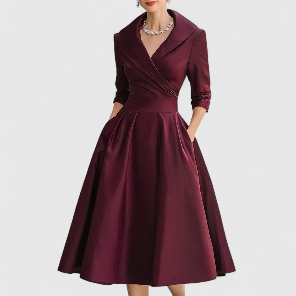 Women’s Elegant Wrap - Style Midi Dress with Pleated Skirt for Formal Occasions