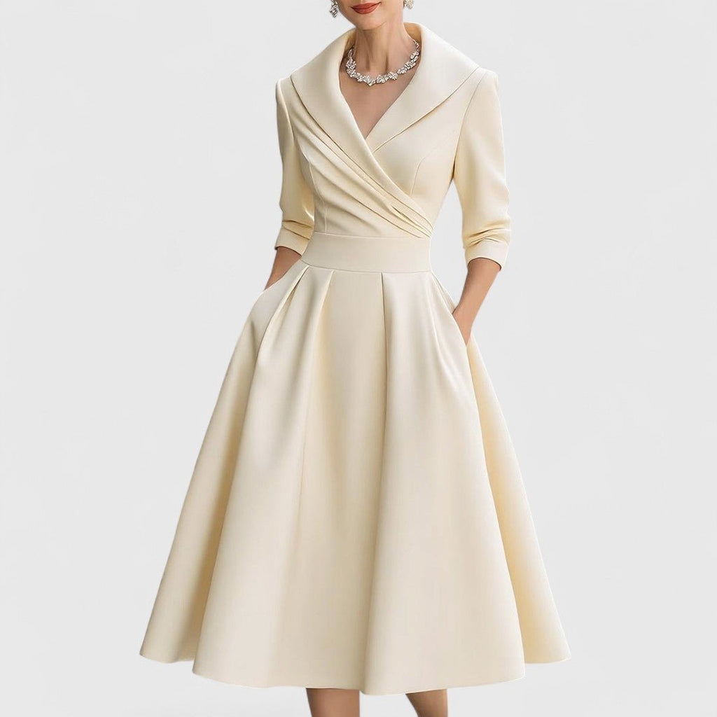 Women’s Elegant Wrap - Style Midi Dress with Pleated Skirt for Formal Occasions