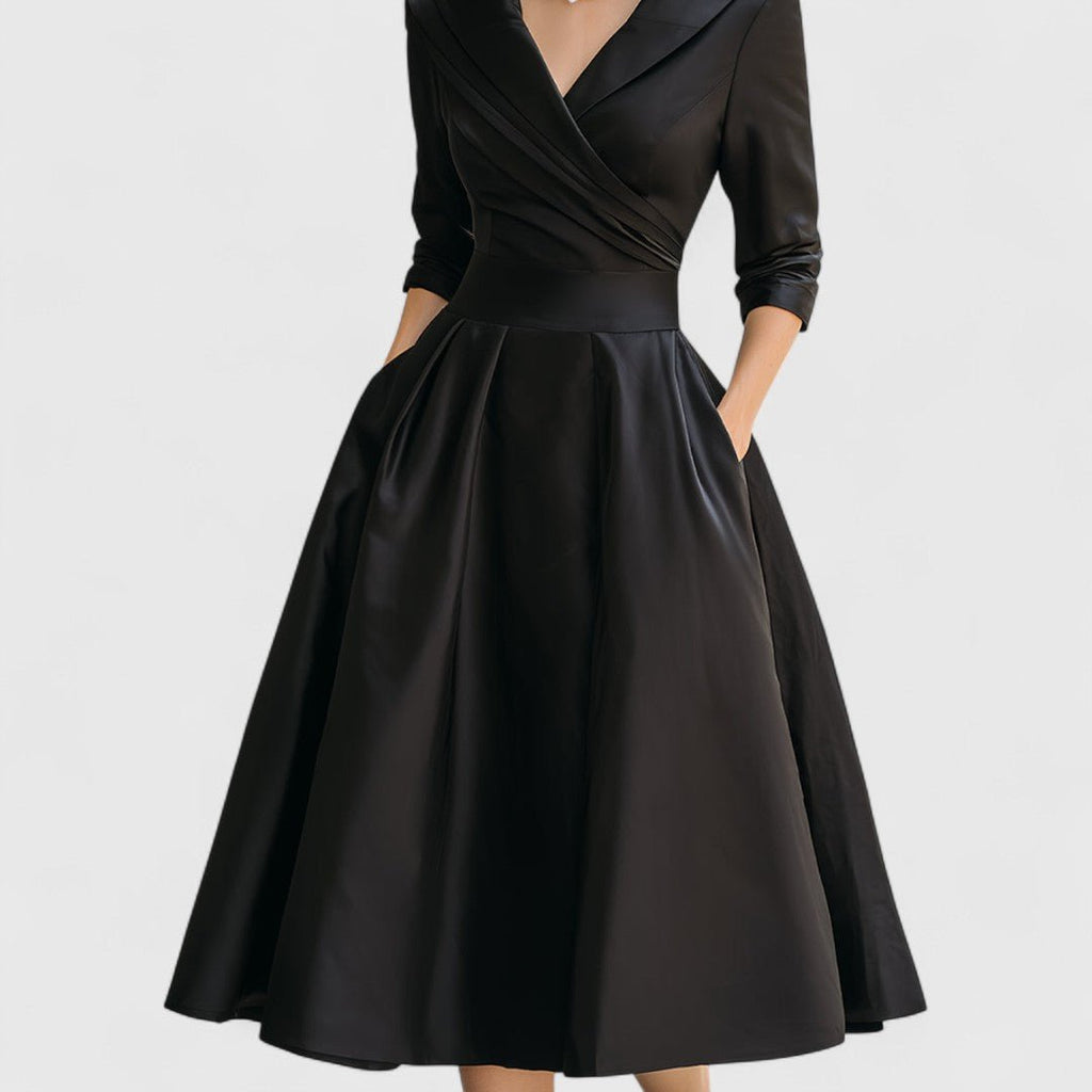 Women’s Elegant Wrap - Style Midi Dress with Pleated Skirt for Formal Occasions
