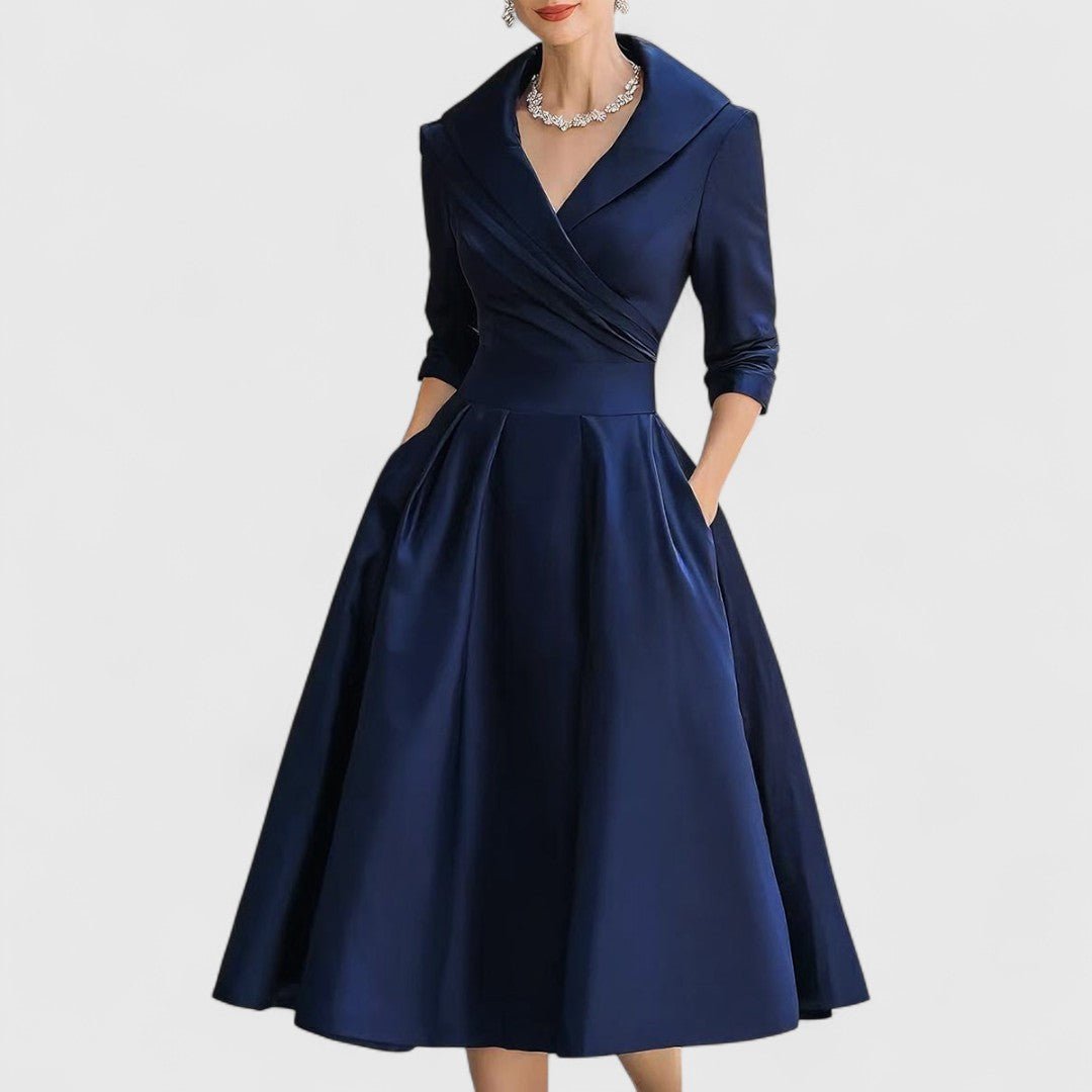 Women’s Elegant Wrap - Style Midi Dress with Pleated Skirt for Formal Occasions