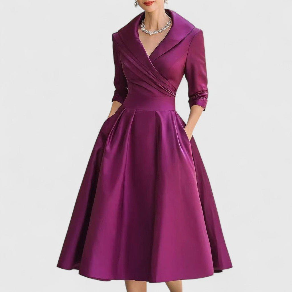Women’s Elegant Wrap - Style Midi Dress with Pleated Skirt for Formal Occasions