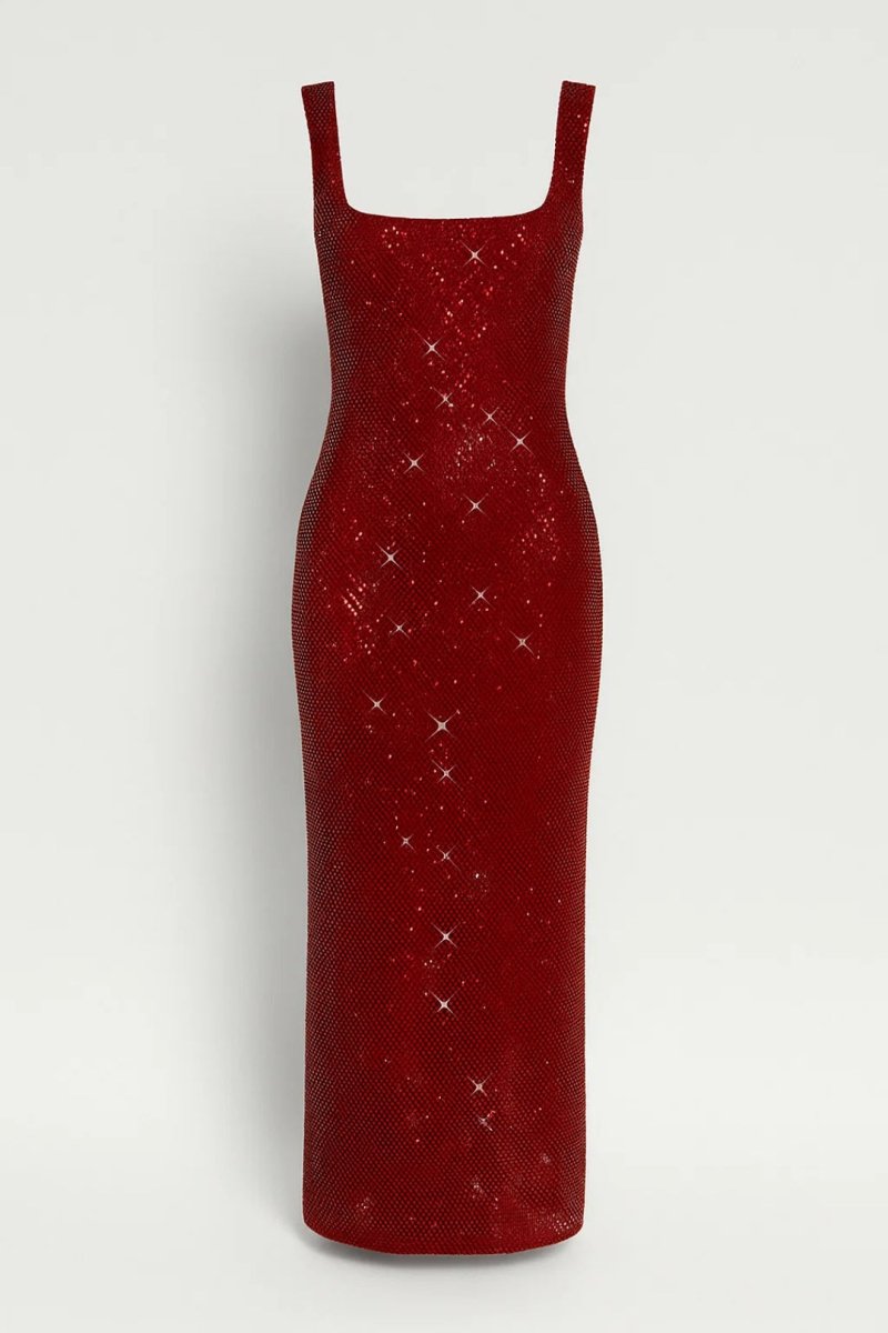Women's Embellished Maxi Evening Dress – Square Neck Fitted Silhouette