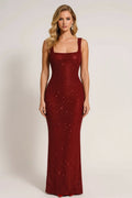 Women's Embellished Maxi Evening Dress – Square Neck Fitted Silhouette
