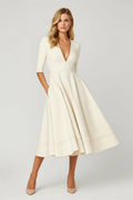 Women’s Flared Midi Dress – V - Neck Three - Quarter Sleeve Elegant Silhouette