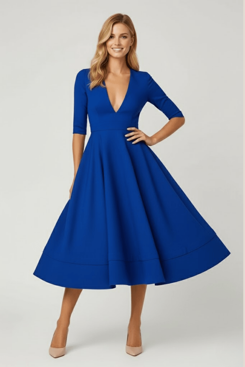 Women’s Flared Midi Dress – V - Neck Three - Quarter Sleeve Elegant Silhouette