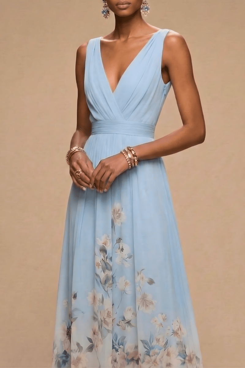 Women’s Floral Maxi Dress with V - Neck Sleeveless Design and Pleated Bodice