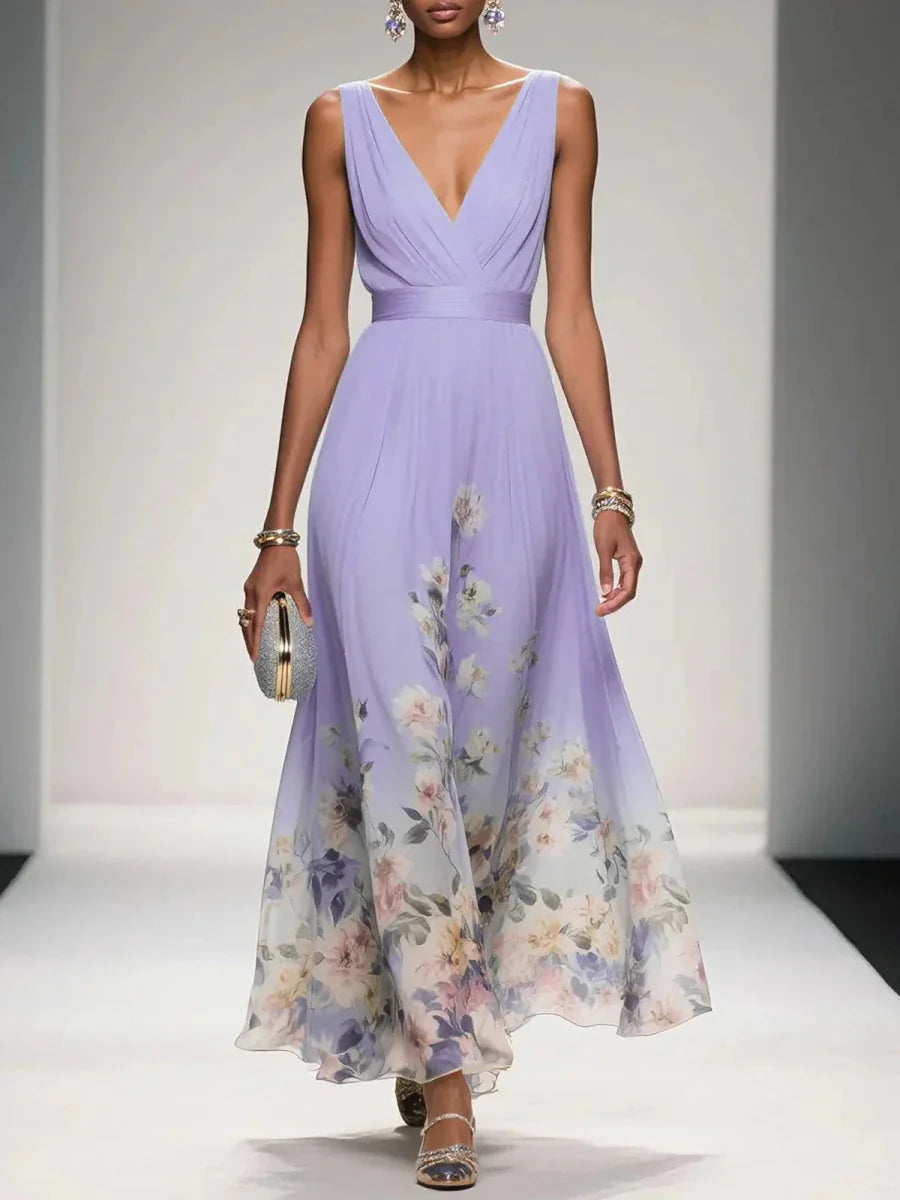 Women’s Floral Maxi Dress with V - Neck Sleeveless Design and Pleated Bodice