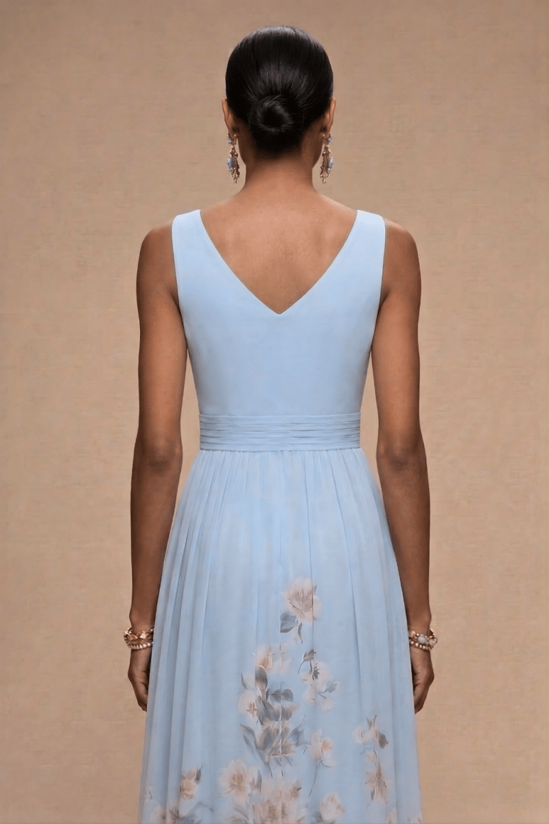 Women’s Floral Maxi Dress with V - Neck Sleeveless Design and Pleated Bodice