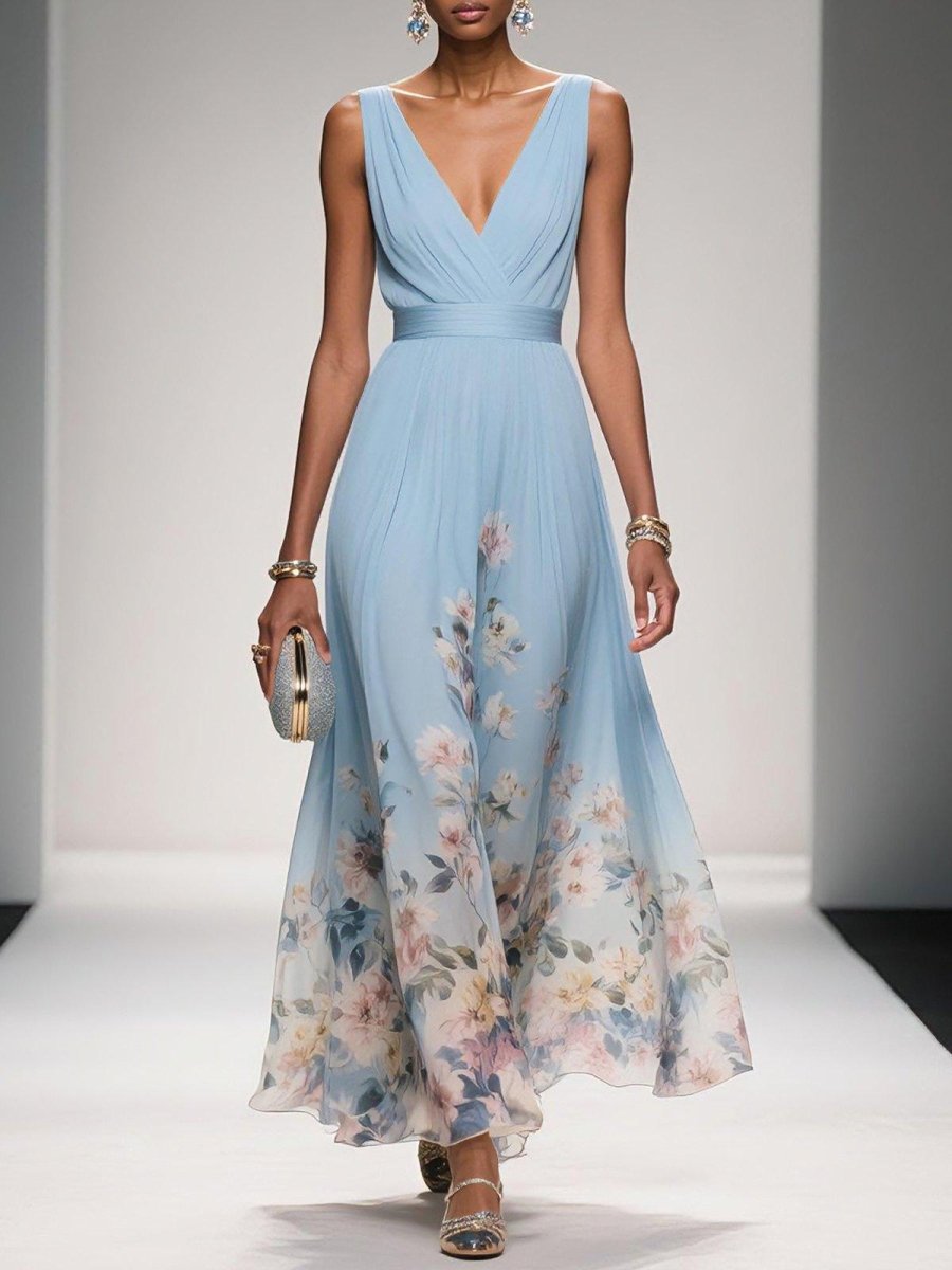 Women’s Floral Maxi Dress with V - Neck Sleeveless Design and Pleated Bodice