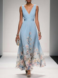 Women’s Floral Maxi Dress with V - Neck Sleeveless Design and Pleated Bodice