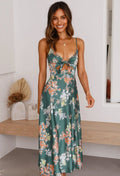 Women’s Floral Midi Dress with Spaghetti Straps V - Neck Tie Front and Cut - Out Detail – Wedding Guest Dress