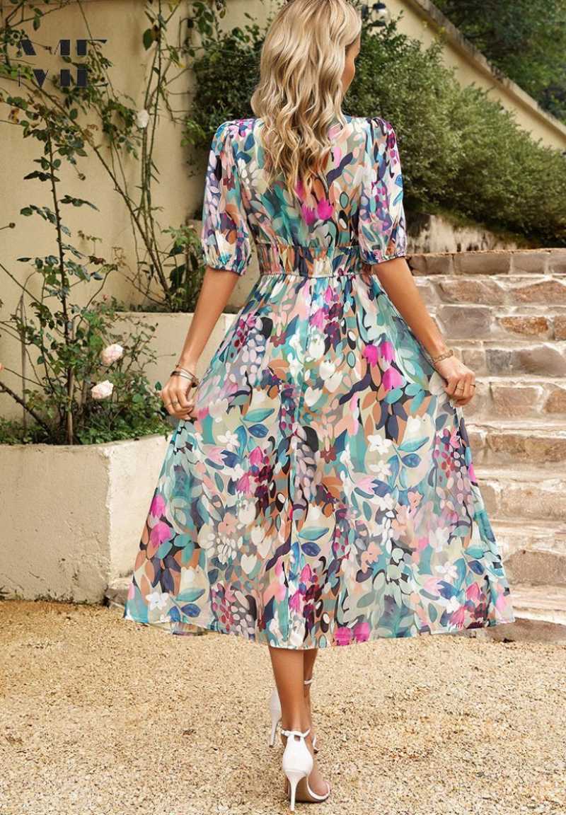 Women’s Floral Print Midi Dress with V - Neck and Short Puff Sleeves