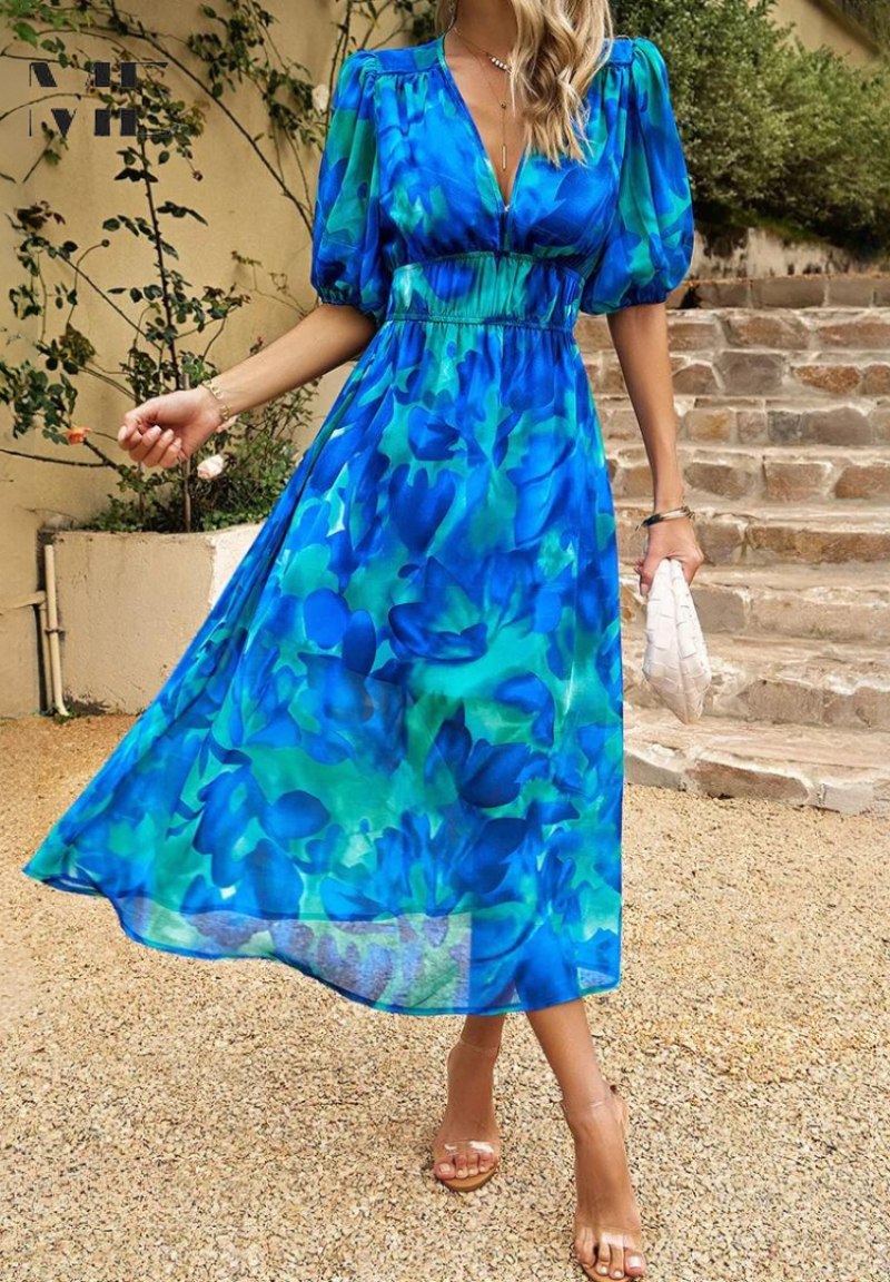 Women’s Floral Print Midi Dress with V - Neck and Short Puff Sleeves