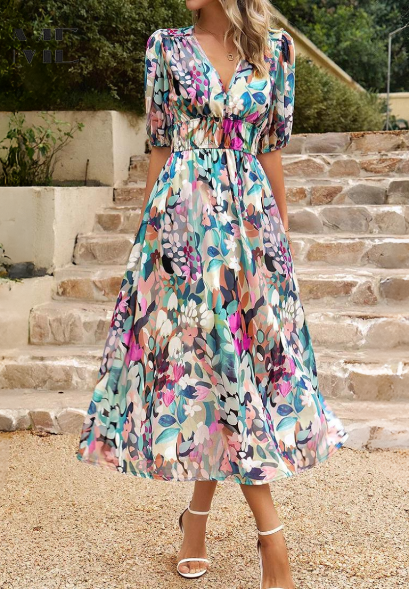 Women’s Floral Print Midi Dress with V - Neck and Short Puff Sleeves