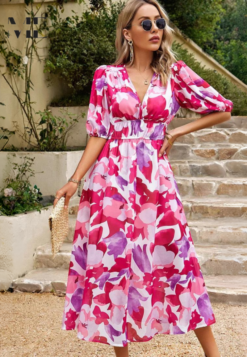Women’s Floral Print Midi Dress with V - Neck and Short Puff Sleeves