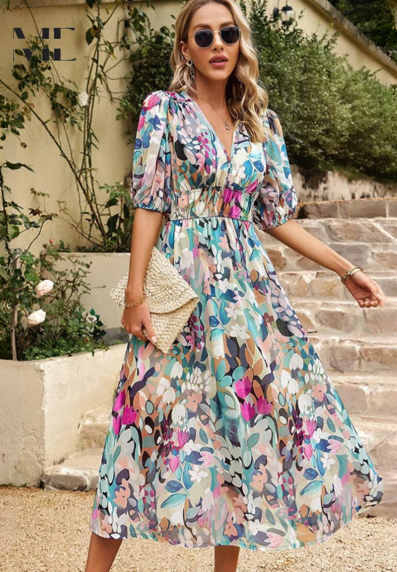 Women’s Floral Print Midi Dress with V - Neck and Short Puff Sleeves