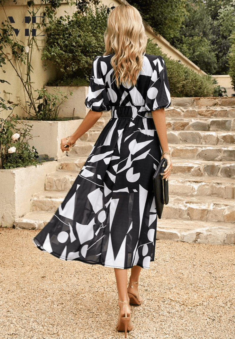 Women’s Floral Print Midi Dress with V - Neck and Short Puff Sleeves